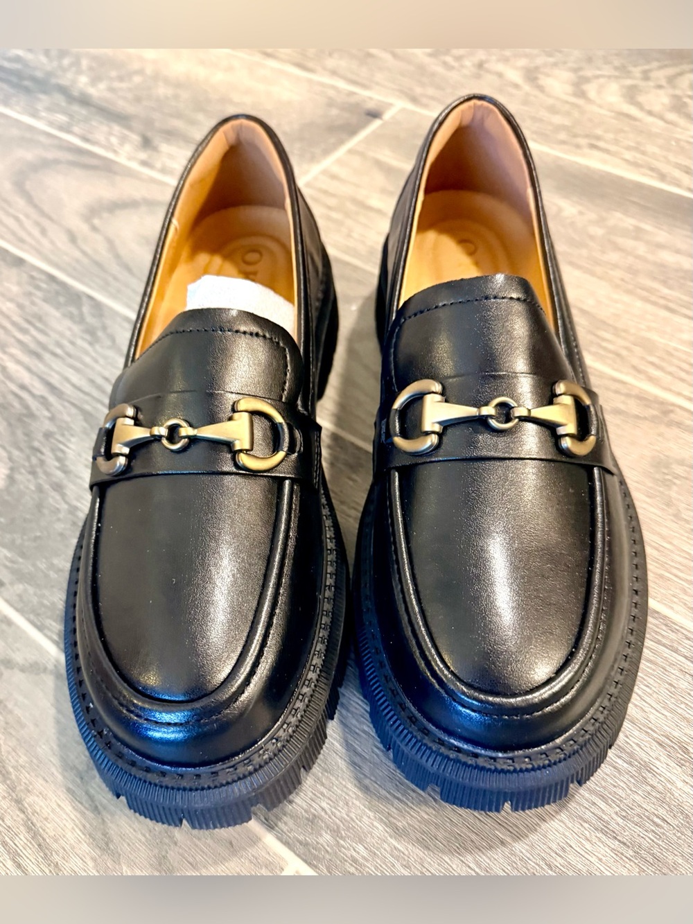 Classic Black Leather Loafers with Gold Bit Detail